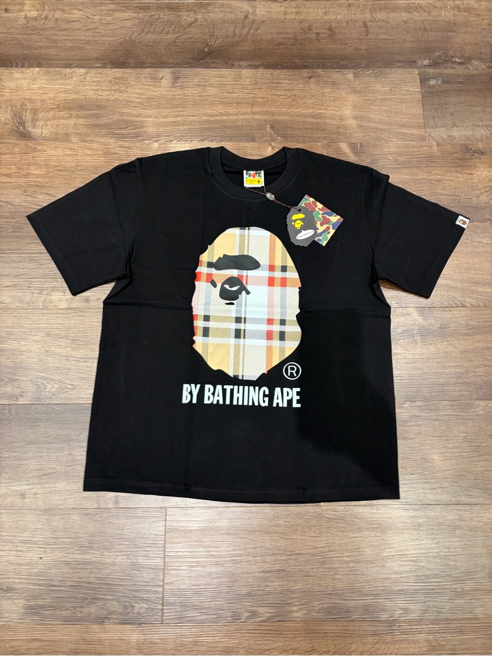 Bape Black Tee with Tan Plaid Ape Head